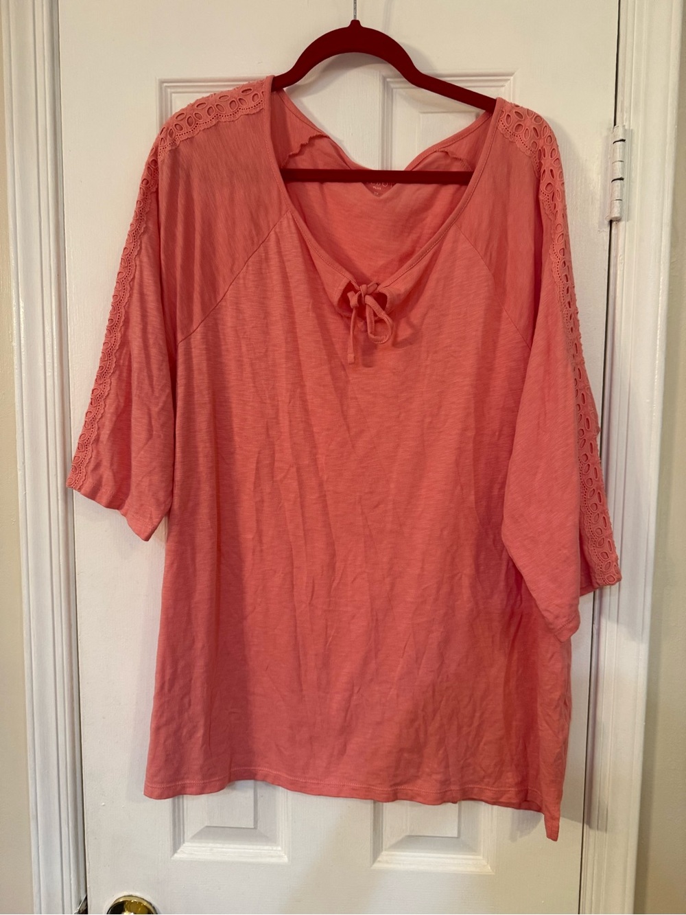 Talbots Coral Tie-Neck Lace-Trim Tunic